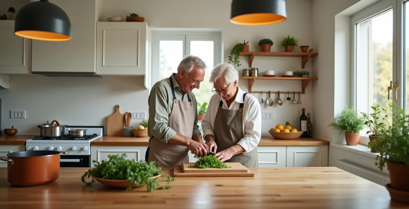 Cuisine moderne avec deux générations préparant ensemble un repas dans une ambiance chaleureuse