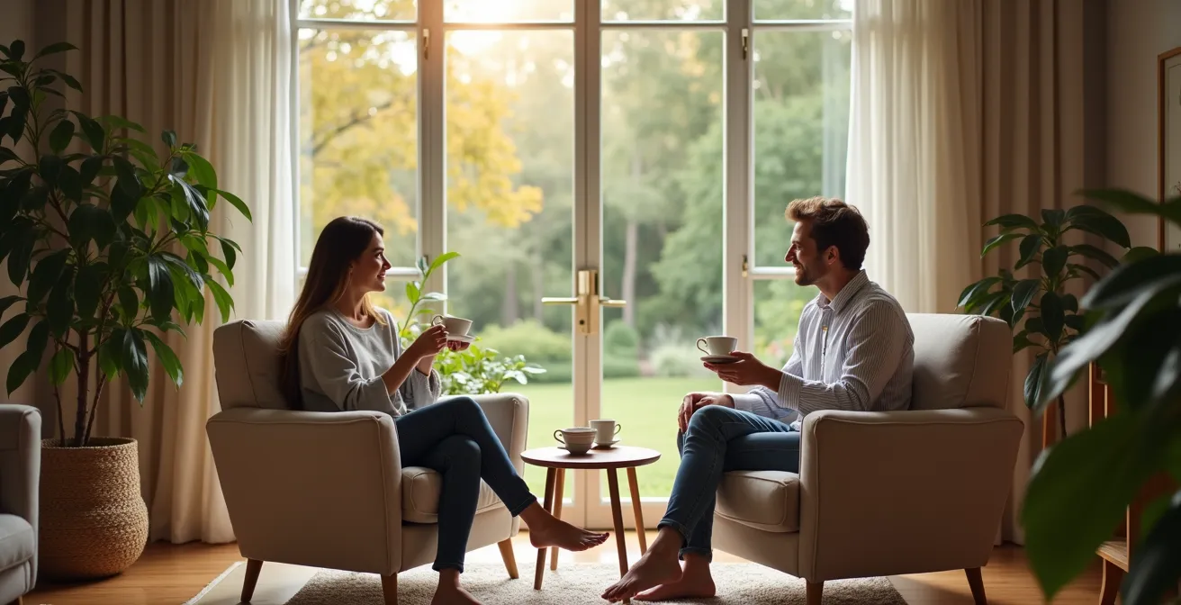 Vue d'ensemble d'un salon chaleureux avec deux personnes d'âges différentes partageant un moment de détente