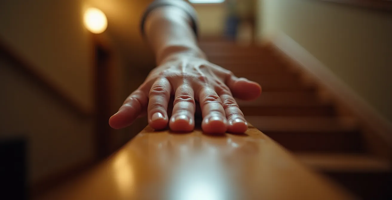 Détail d'une main posée sur une rampe d'escalier en bois patiné, symbolisant la transition